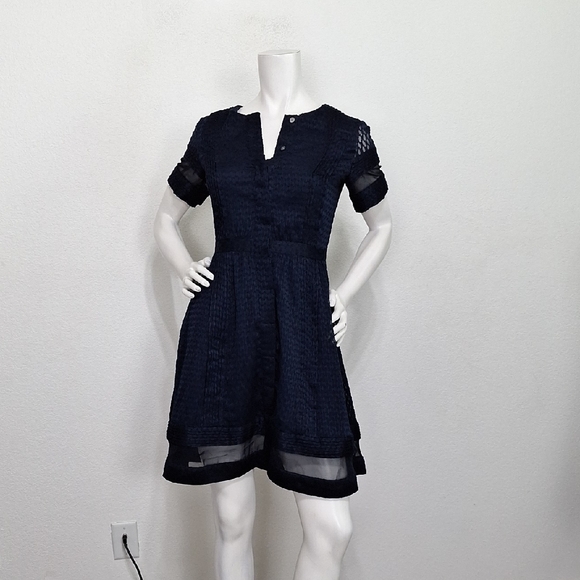 Banana Republic Preppy Academia Navy Blue Textured Dress Women’s Size 0P Petite - Picture 1 of 12